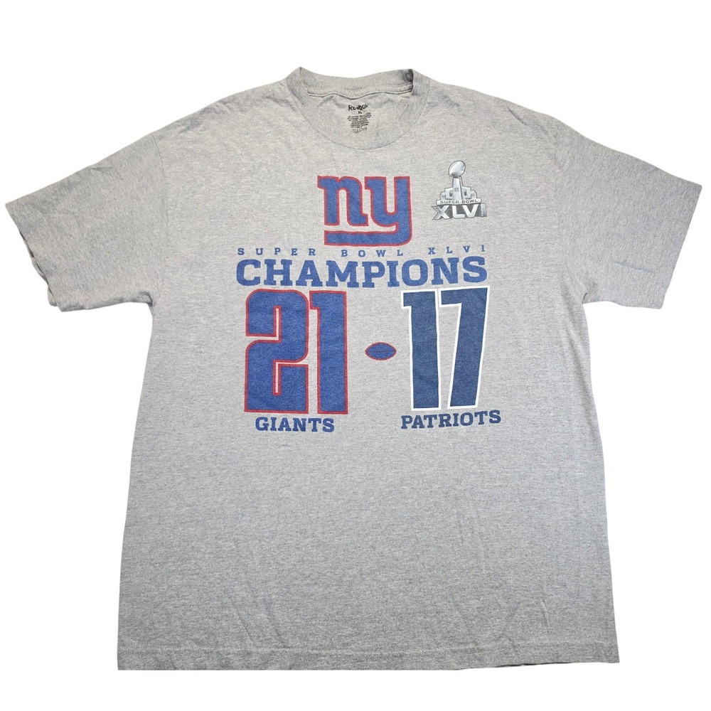 Reebok NFL New York Giants Super Bowl XLVI Champions Shirt Gray XL 21-17 Score